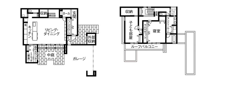 建築実例1： リビングの天井高は3.3m、中庭との一体感を楽しめる家の間取り図