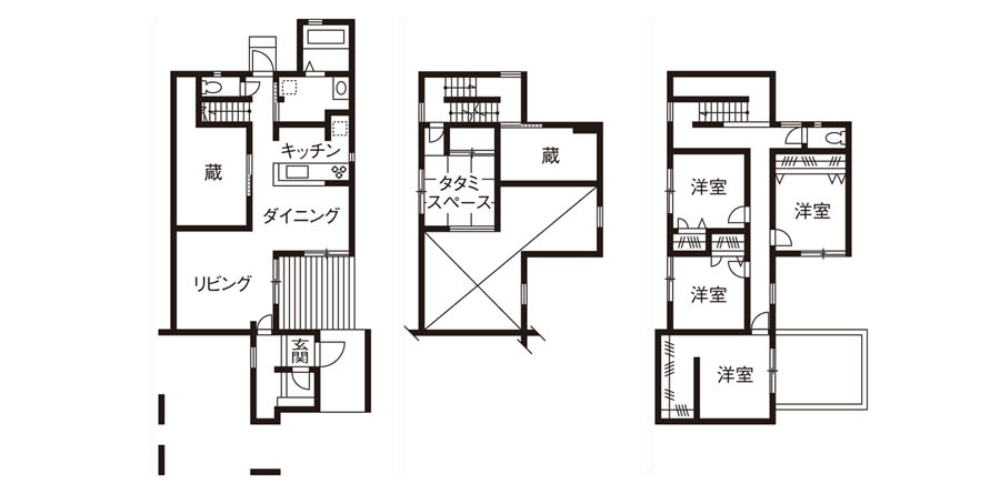建築実例2： 5人家族の収納に2箇所の蔵が大活躍の間取り図