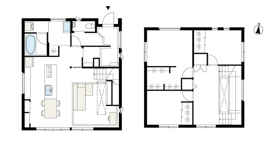 建築実例1： ダウンフロアや階段で変化に富む空間を実現の間取り図