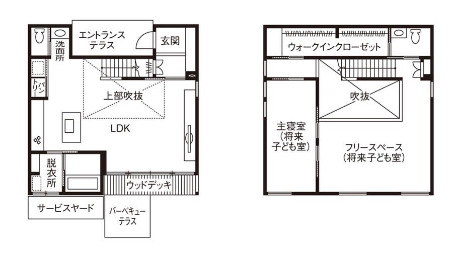建築実例1：大空間のファミリースイートがある家の間取り図例