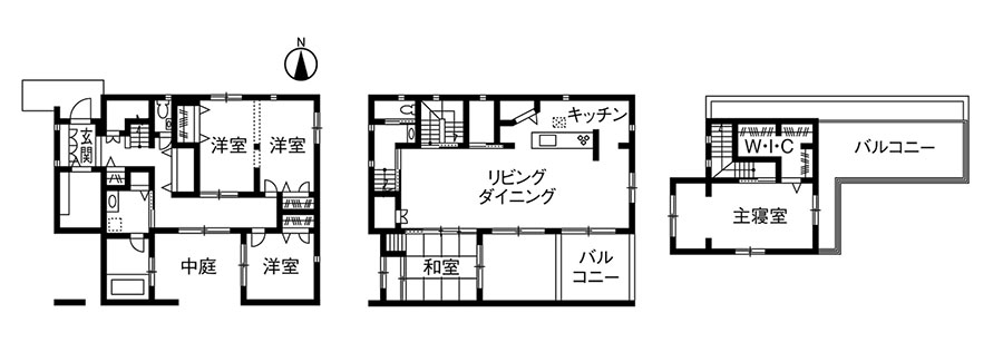 建築実例2： プライベートな屋上空間を備える3階建ての間取り図例