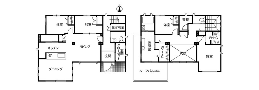 建築実例3： 内と外のデザインがリンクする家の間取り図例